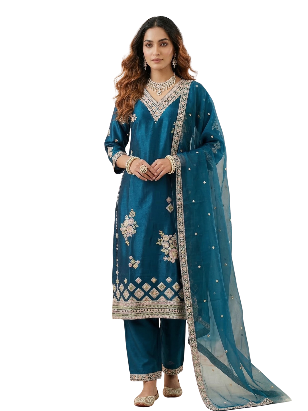 Teal Blue Embroidered Silk Blend Kurta Pant Set with Sheer Dupatta – Festive Ethnic Wear | Plus Size (3XL, 4XL, 5XL)