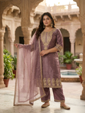 Mauve Pink Embroidered Silk Blend Kurta Pant Set with Sheer Dupatta – Festive & Wedding Wear | Plus Size (3XL, 4XL, 5XL)