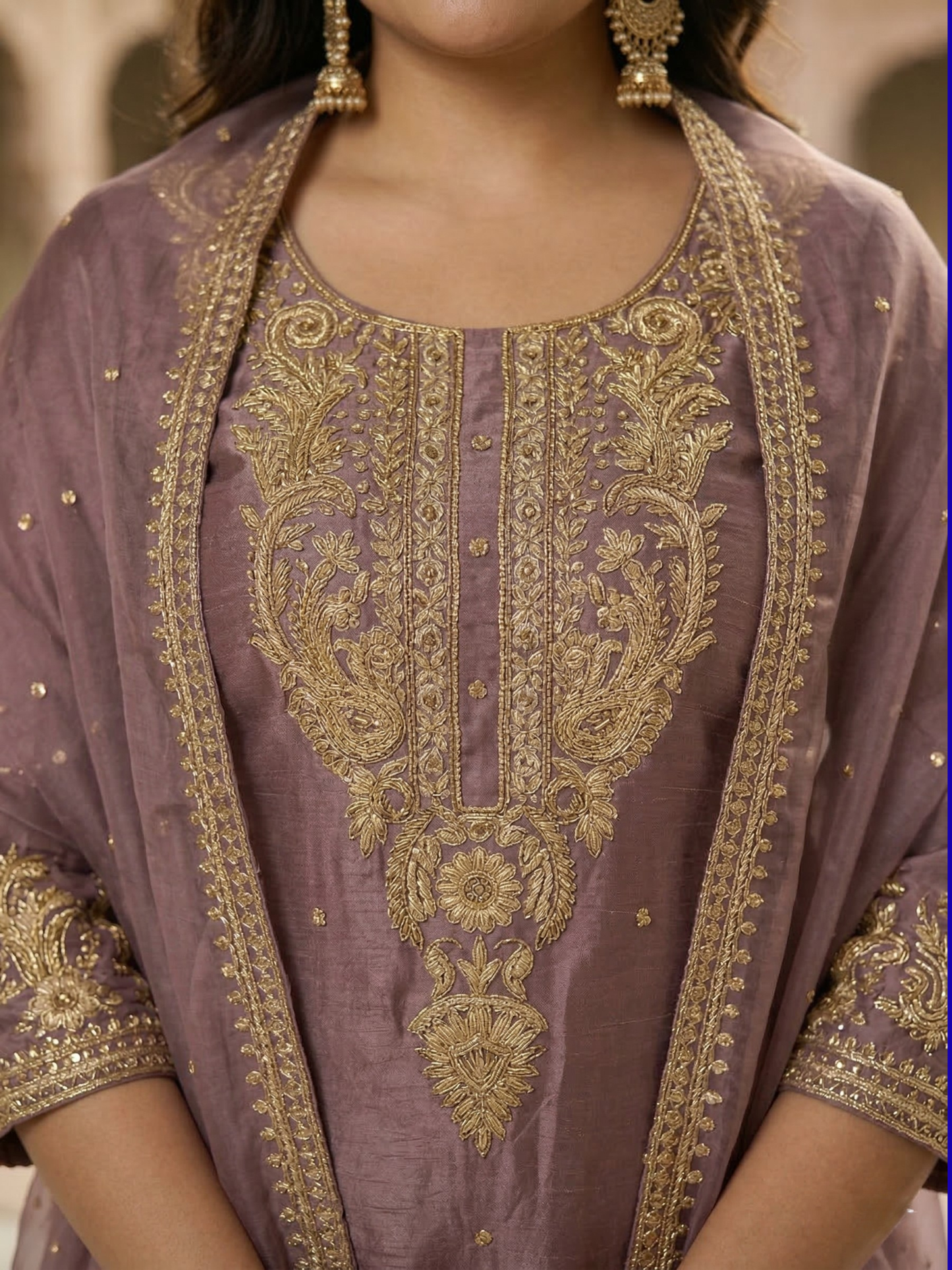 Mauve Pink Embroidered Silk Blend Kurta Pant Set with Sheer Dupatta – Festive & Wedding Wear | Plus Size (3XL, 4XL, 5XL)