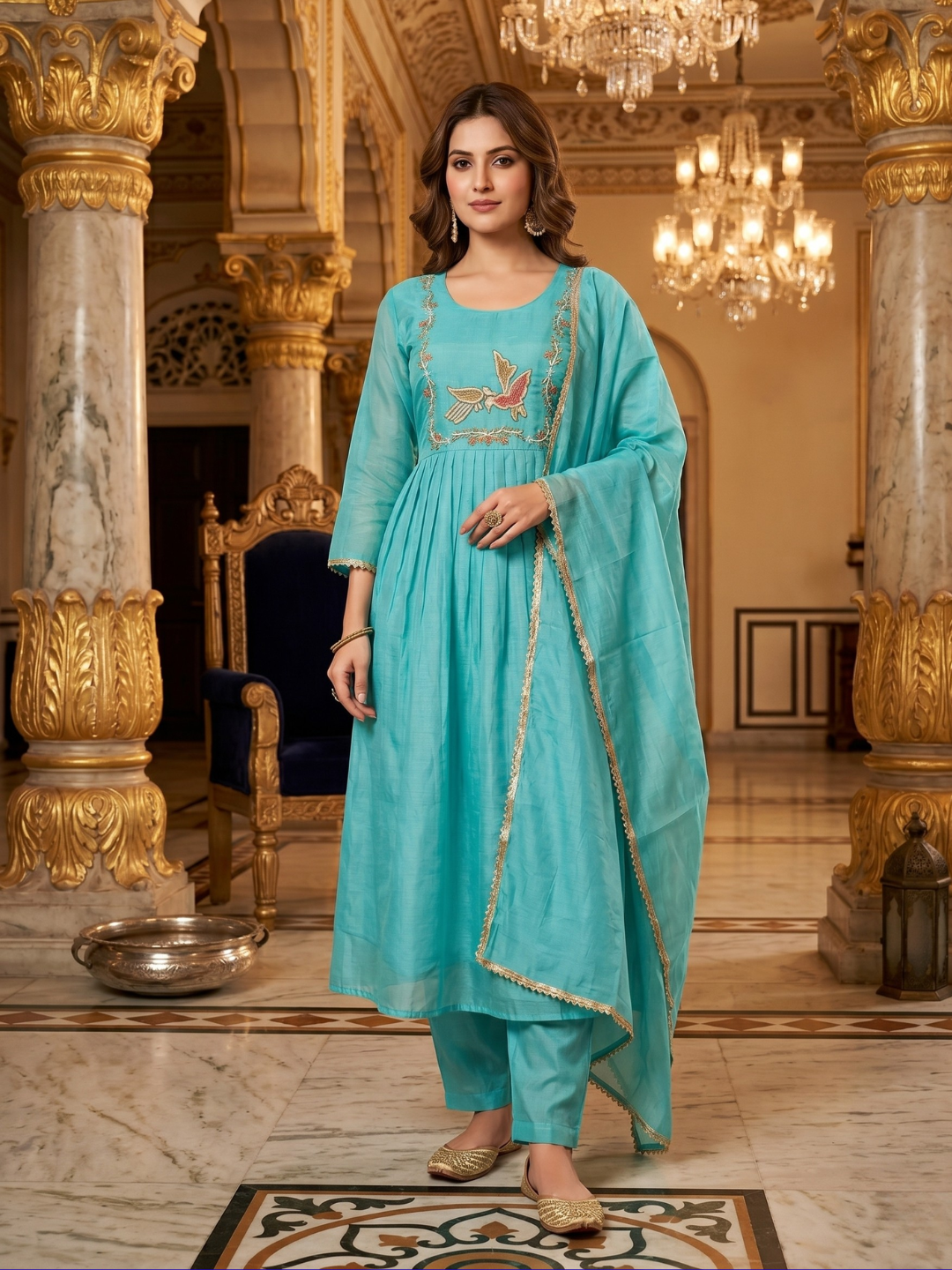 Elegant Sky Blue Embroidered Kurta Pant Dupatta Set for Women (M to XXL) by 3 Angel Fab LLP