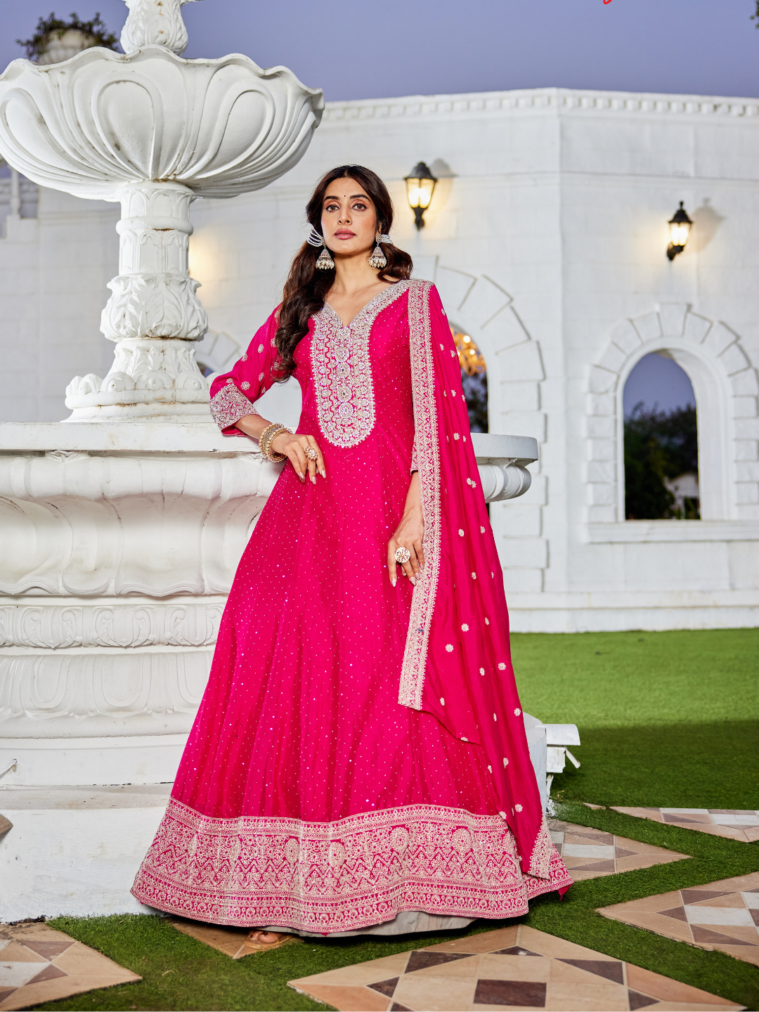 Rani Pink Tissue Suit Set for Women | 3-Piece Anarkali Kurta, Palazzo & Dupatta with Heavy Work | Festive & Wedding Wear