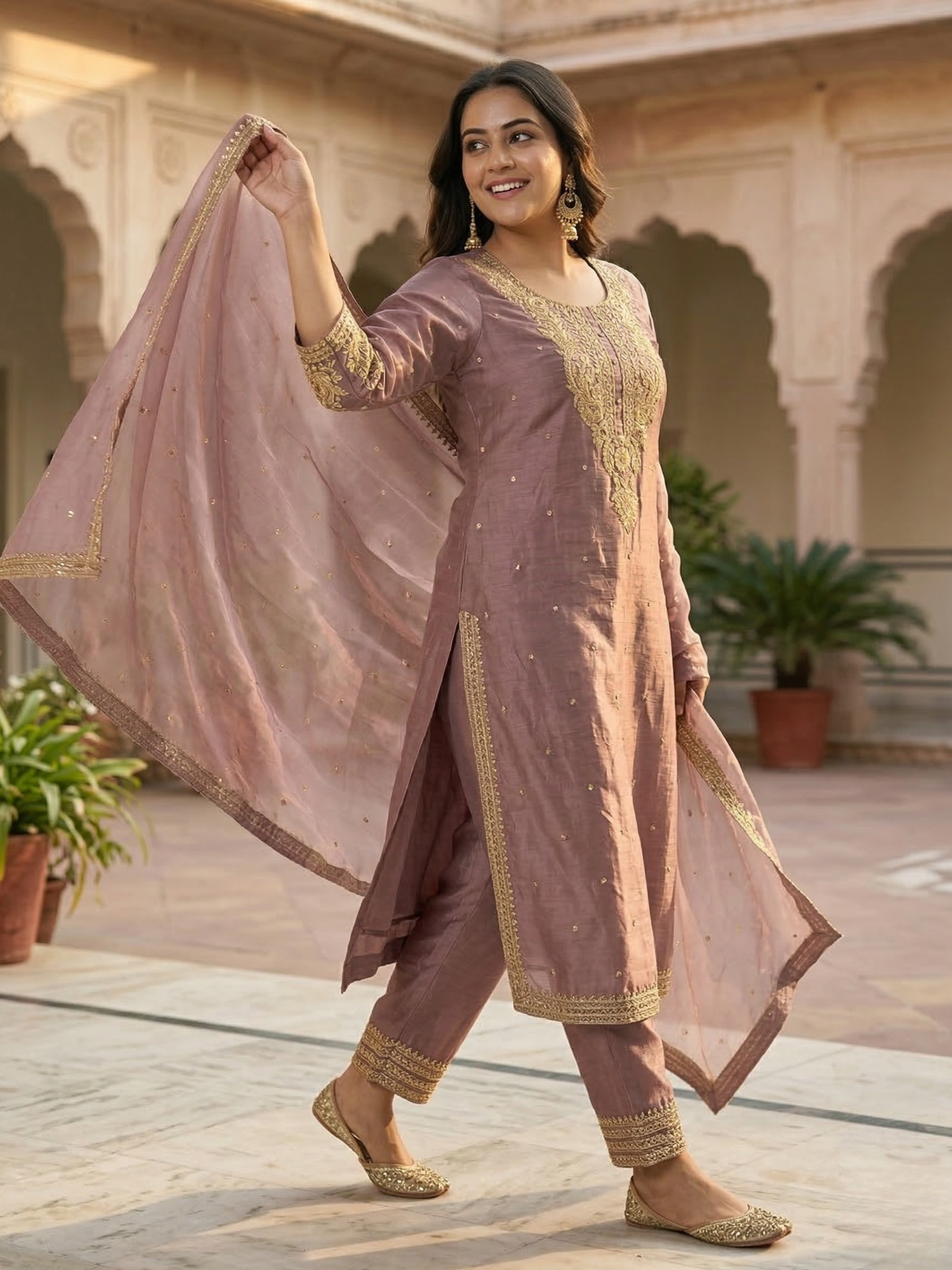 Mauve Pink Embroidered Silk Blend Kurta Pant Set with Sheer Dupatta – Festive & Wedding Wear | Plus Size (3XL, 4XL, 5XL)