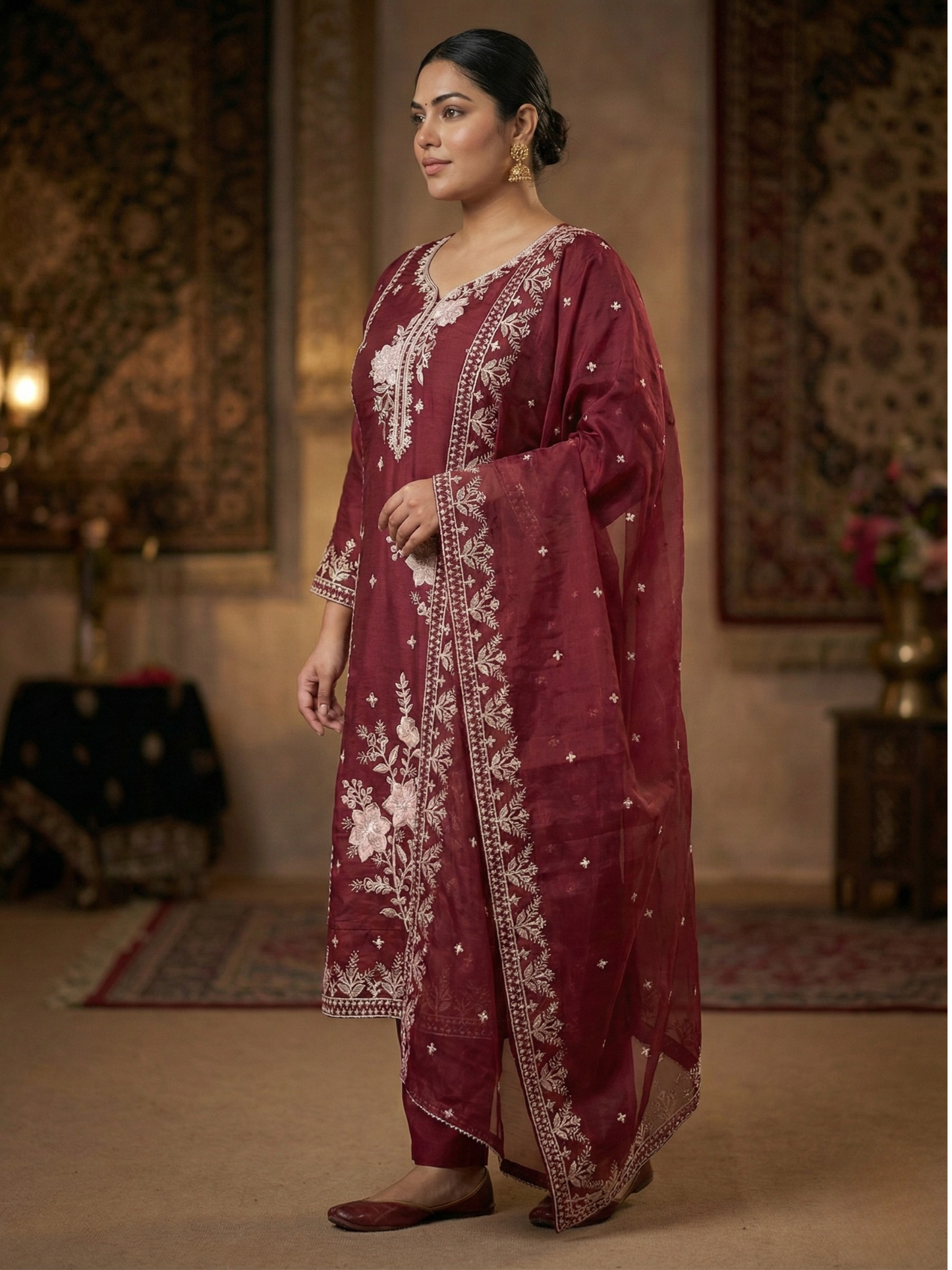 Women’s Wine Kurta Pant Set with Dupatta | Plus Size Available