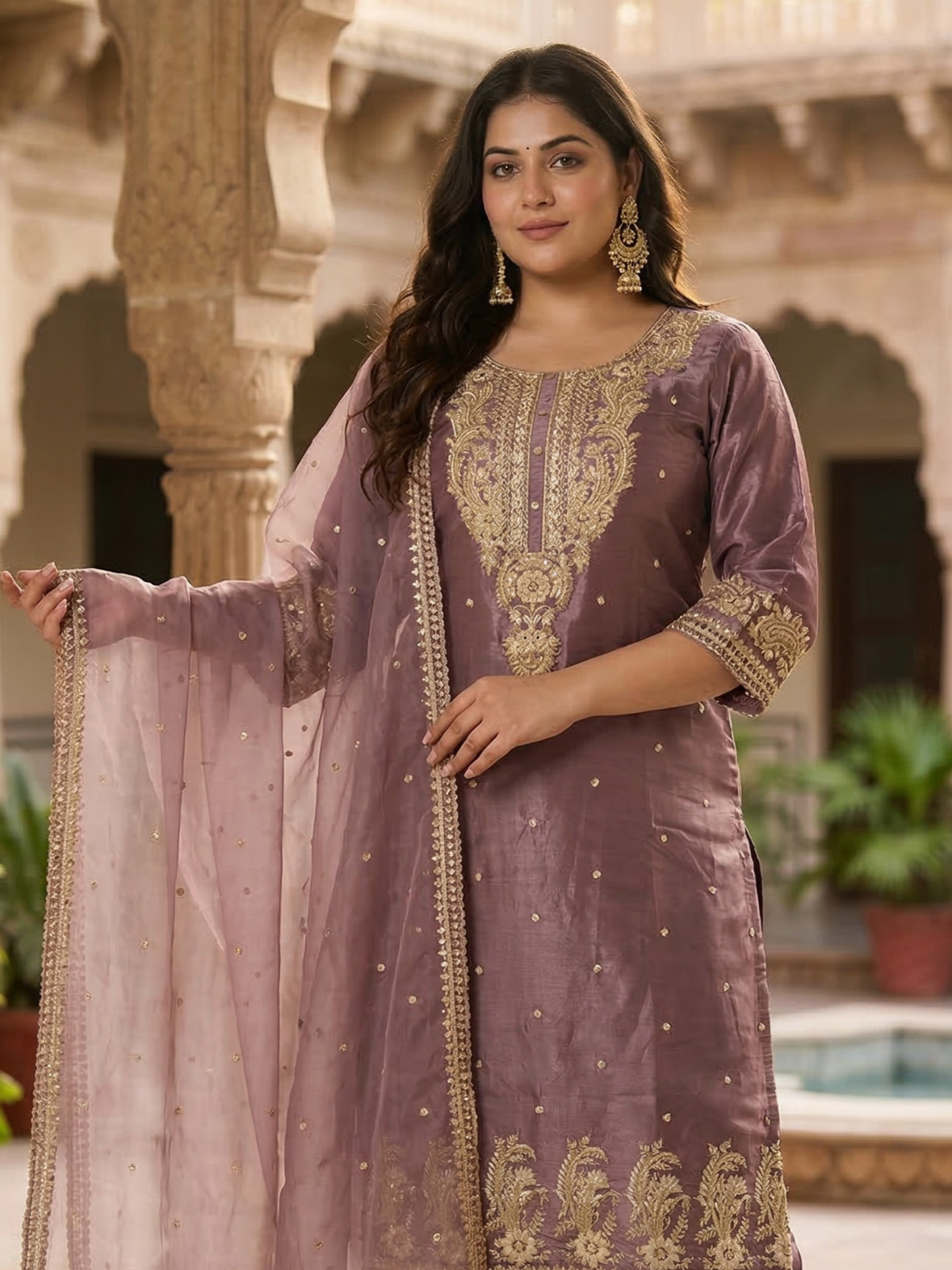 Mauve Pink Embroidered Silk Blend Kurta Pant Set with Sheer Dupatta – Festive & Wedding Wear | Plus Size (3XL, 4XL, 5XL)