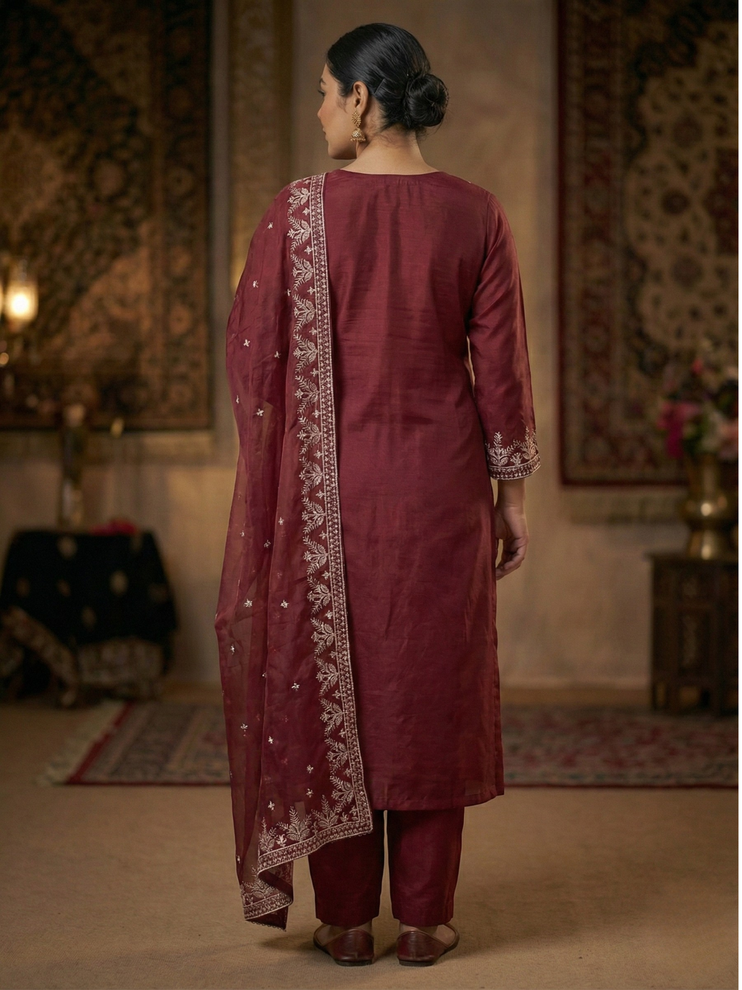 Women’s Wine Kurta Pant Set with Dupatta | Plus Size Available