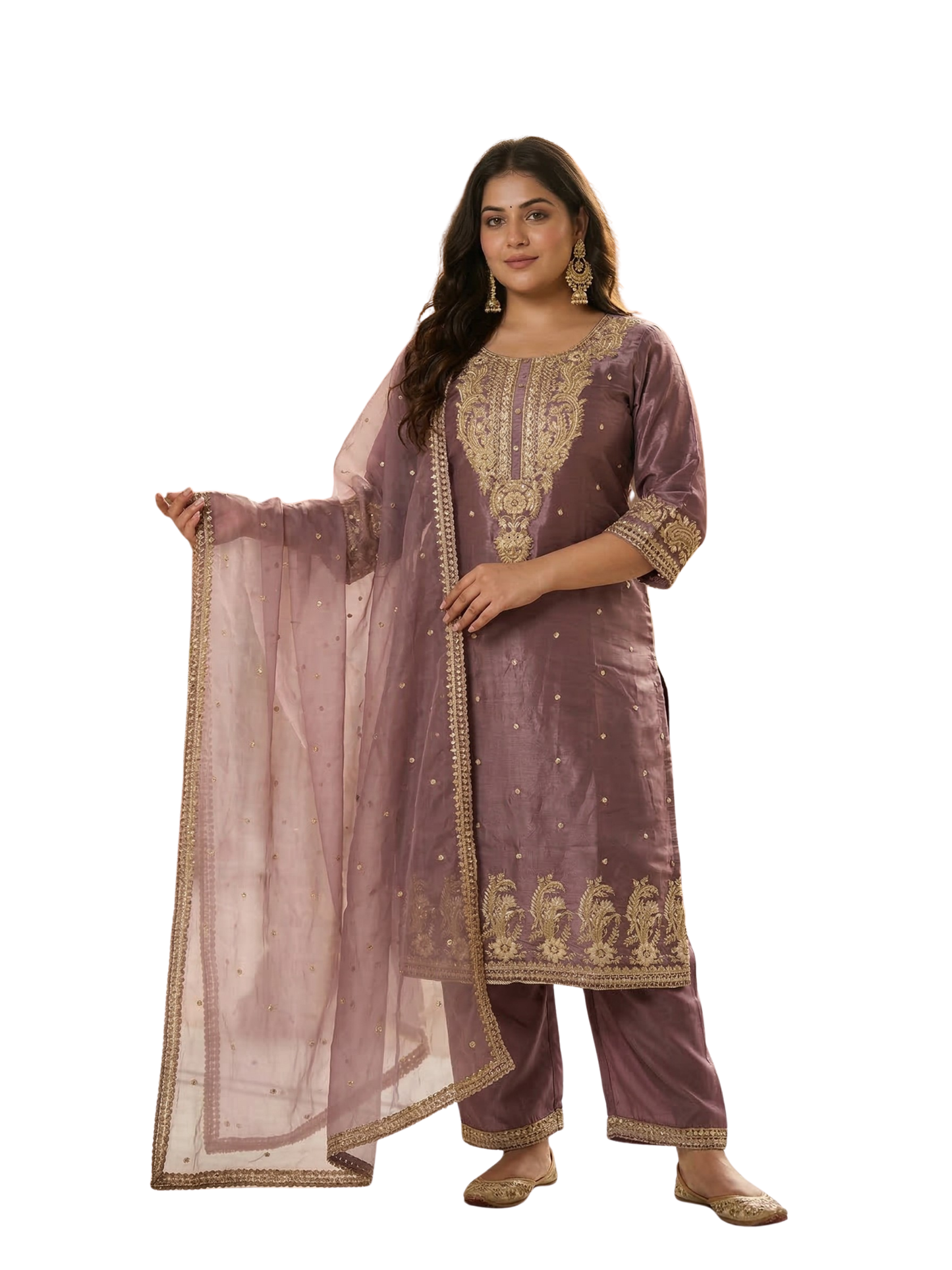 Mauve Pink Embroidered Silk Blend Kurta Pant Set with Sheer Dupatta – Festive & Wedding Wear | Plus Size (3XL, 4XL, 5XL)