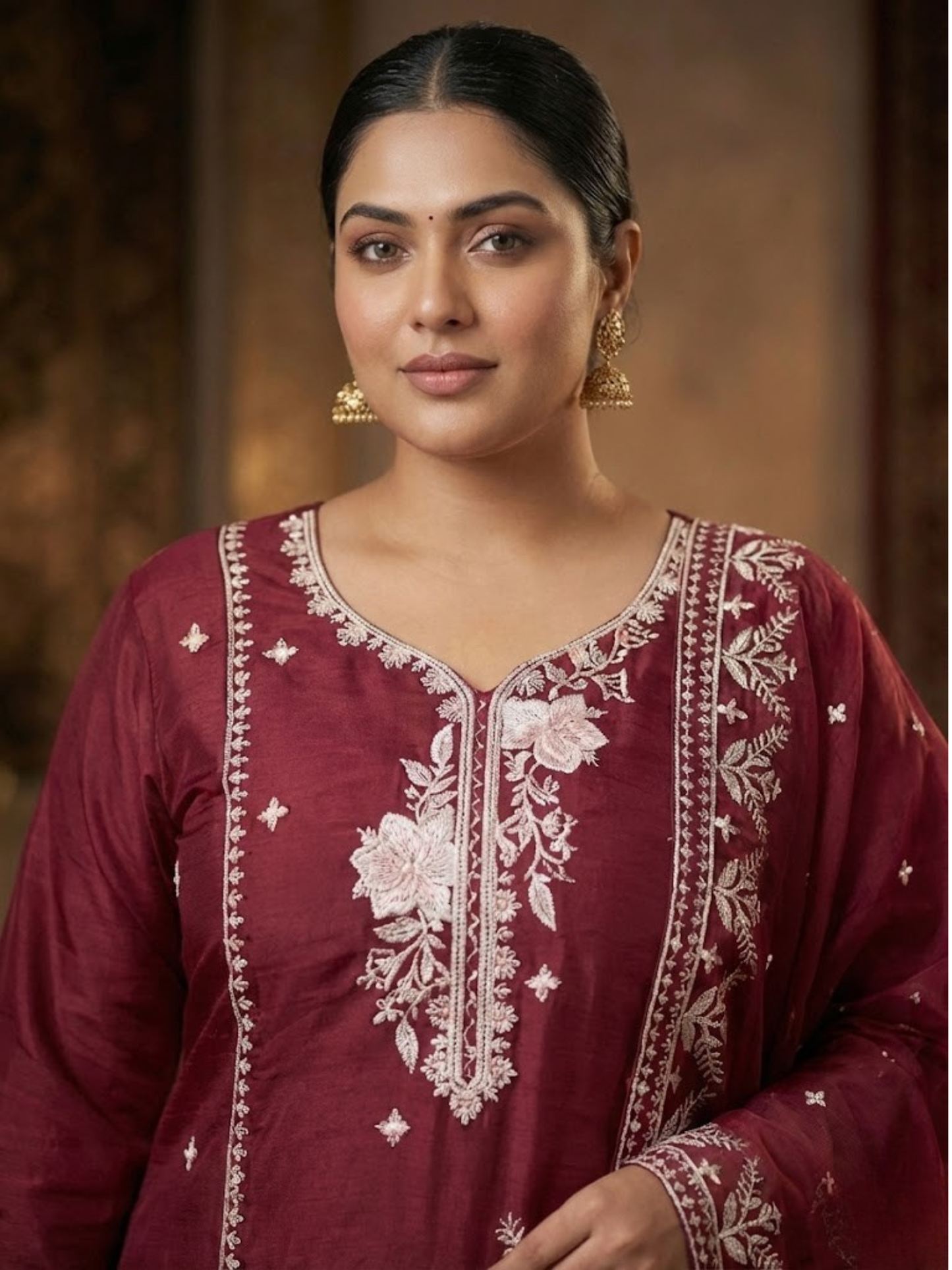 Women’s Wine Kurta Pant Set with Dupatta | Plus Size Available