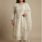 Ivory Silk Blend Kurta Pant Set with Floral Work & Sheer Dupatta (Plus Size)