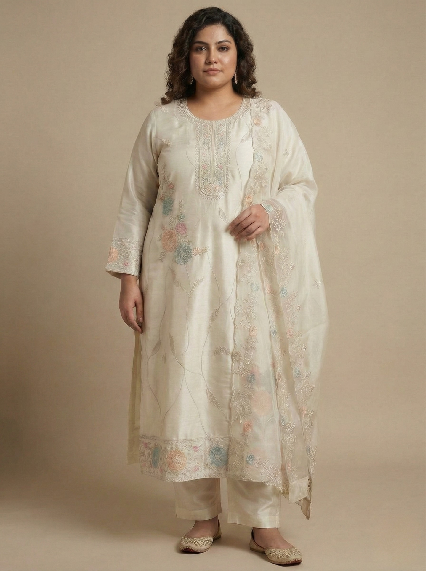 Ivory Silk Blend Kurta Pant Set with Floral Work & Sheer Dupatta (Plus Size)