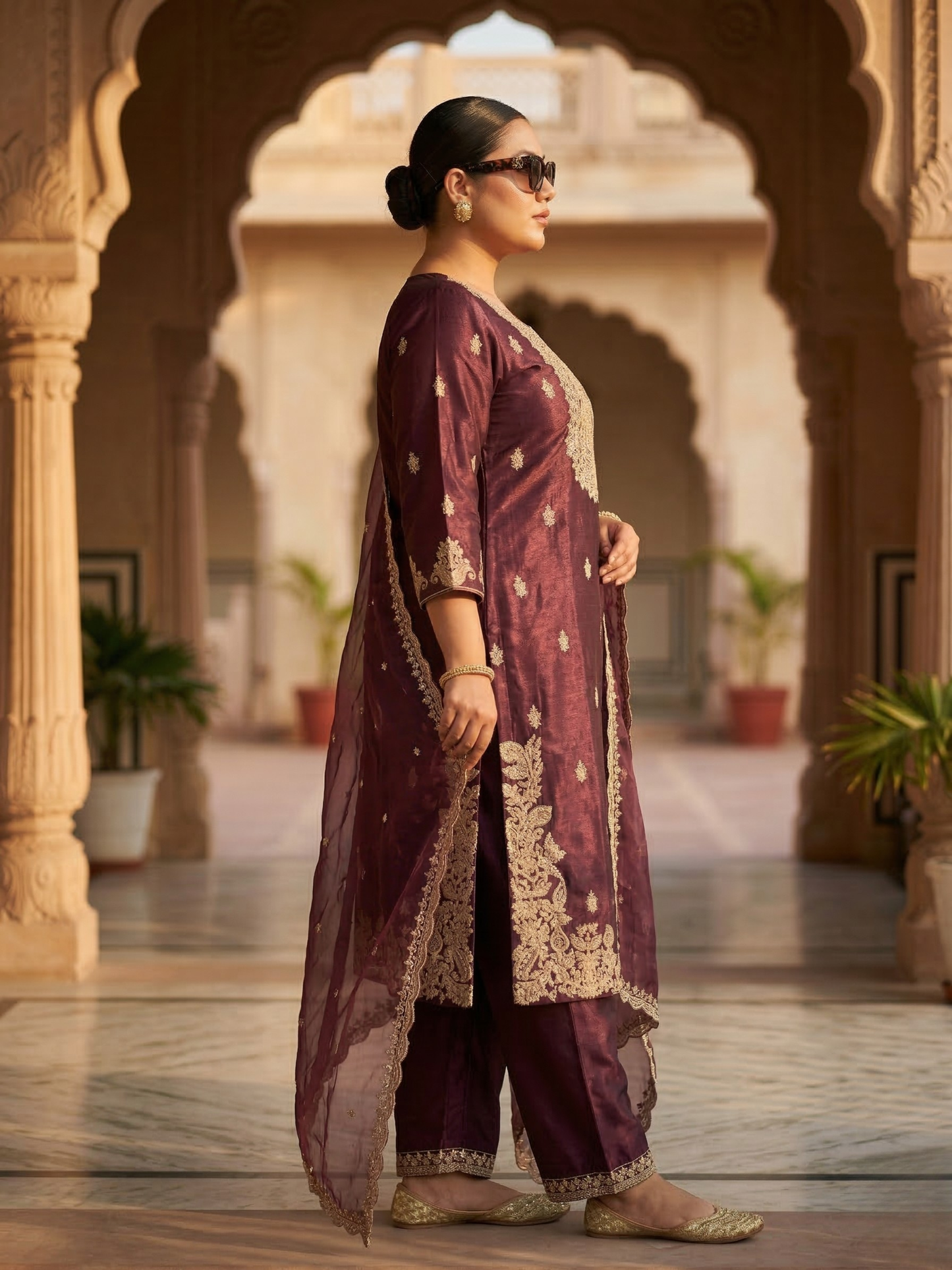 Wine Maroon Heavy Embroidered Silk Blend Kurta Pant Set with Sheer Dupatta – Wedding & Festive Wear | Plus Size (3XL, 4XL, 5XL)
