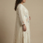 Ivory Silk Blend Kurta Pant Set with Floral Work & Sheer Dupatta (Plus Size)