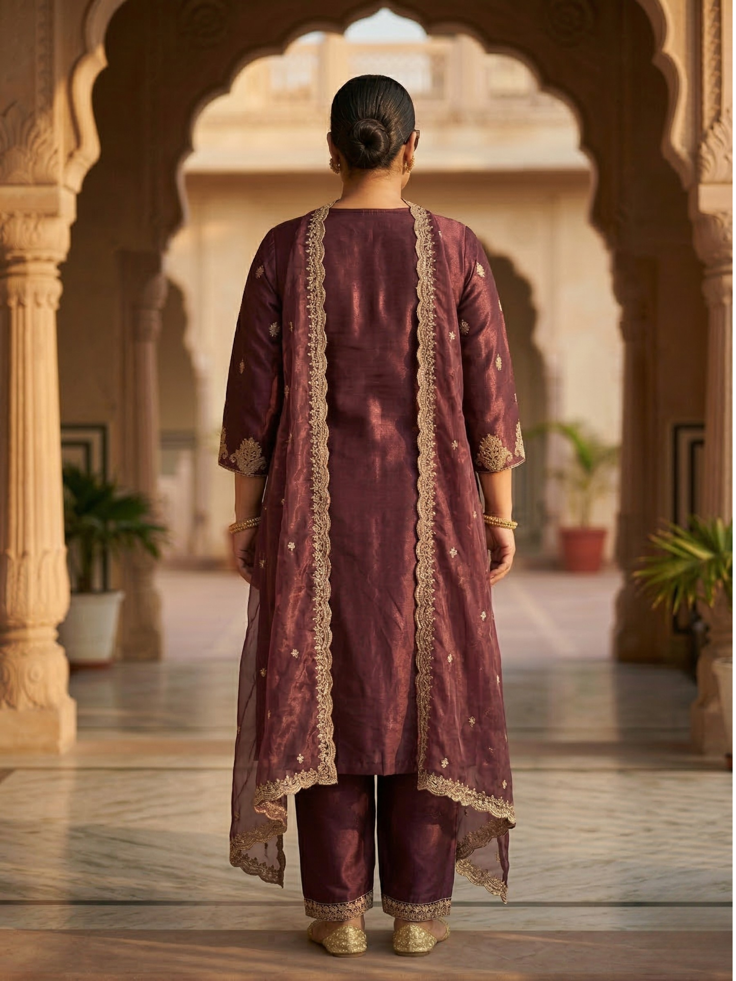 Wine Maroon Heavy Embroidered Silk Blend Kurta Pant Set with Sheer Dupatta – Wedding & Festive Wear | Plus Size (3XL, 4XL, 5XL)