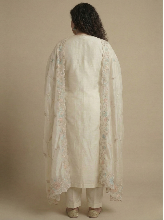 Ivory Silk Blend Kurta Pant Set with Floral Work & Sheer Dupatta (Plus Size)