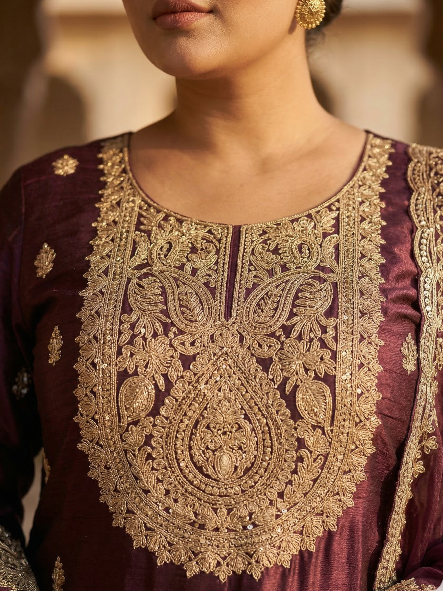 Wine Maroon Heavy Embroidered Silk Blend Kurta Pant Set with Sheer Dupatta – Wedding & Festive Wear | Plus Size (3XL, 4XL, 5XL)