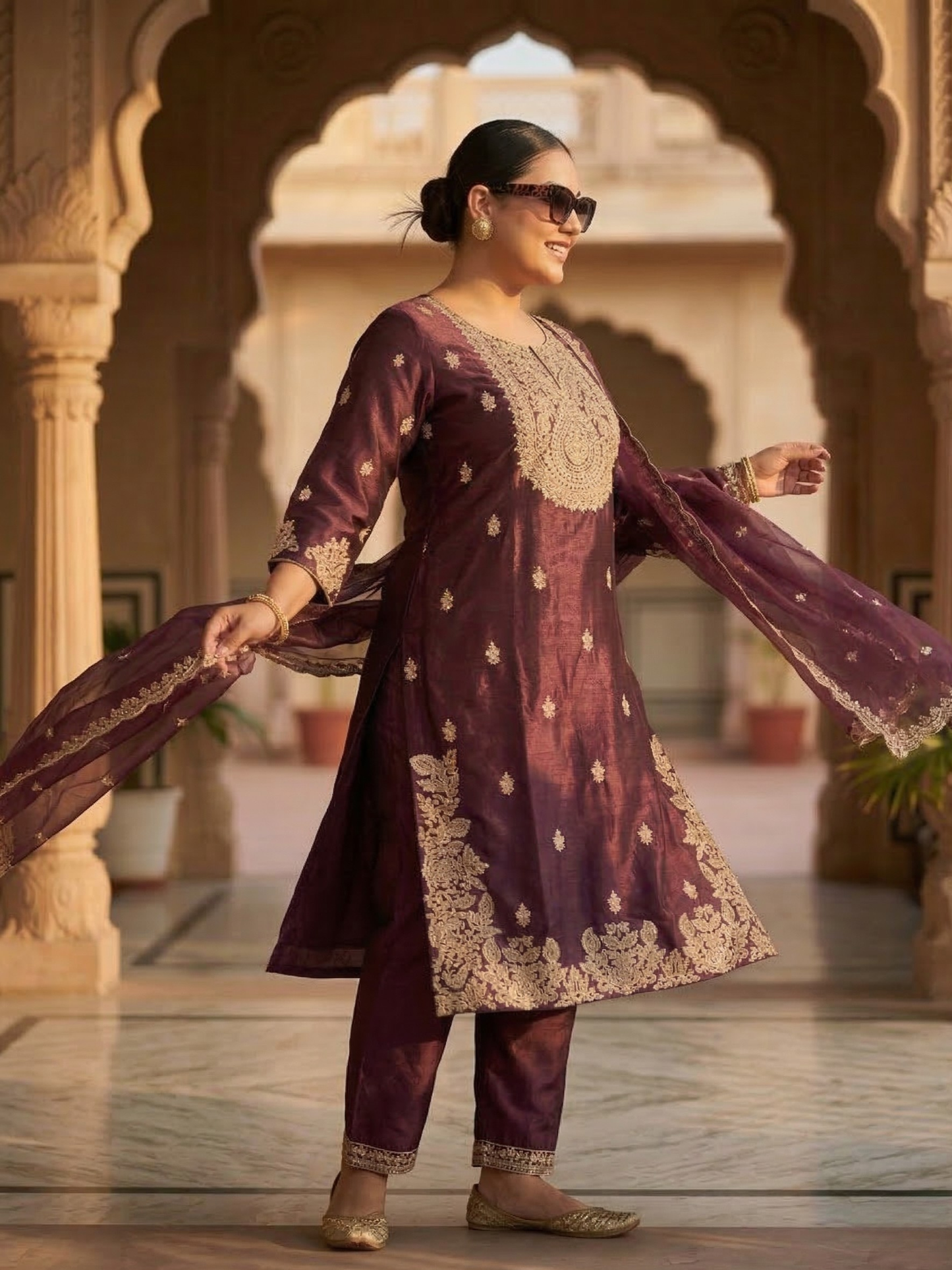 Wine Maroon Heavy Embroidered Silk Blend Kurta Pant Set with Sheer Dupatta – Wedding & Festive Wear | Plus Size (3XL, 4XL, 5XL)