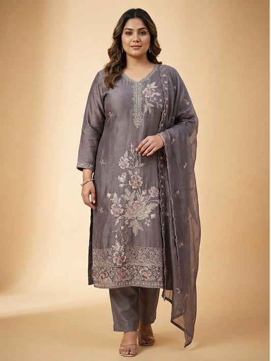 Elegant Silk Blend Kurta Pant Set with Delicate Floral Work & Dupatta | Available in 3XL, 4XL, 5XL