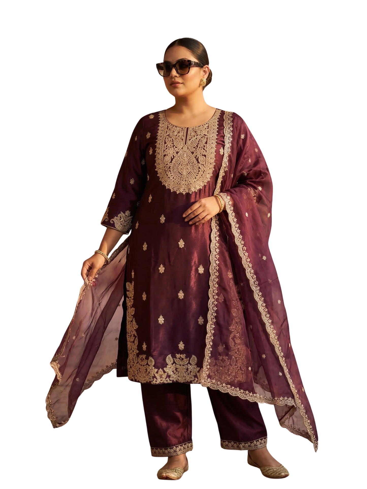 Wine Maroon Heavy Embroidered Silk Blend Kurta Pant Set with Sheer Dupatta – Wedding & Festive Wear | Plus Size (3XL, 4XL, 5XL)