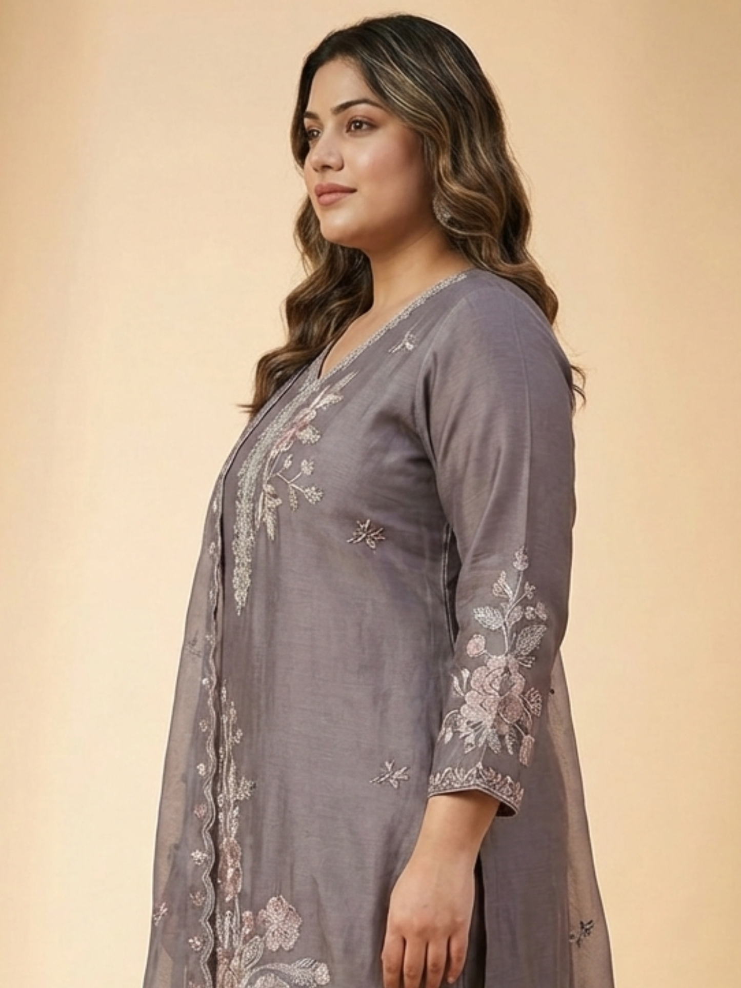 Elegant Silk Blend Kurta Pant Set with Delicate Floral Work & Dupatta | Available in 3XL, 4XL, 5XL