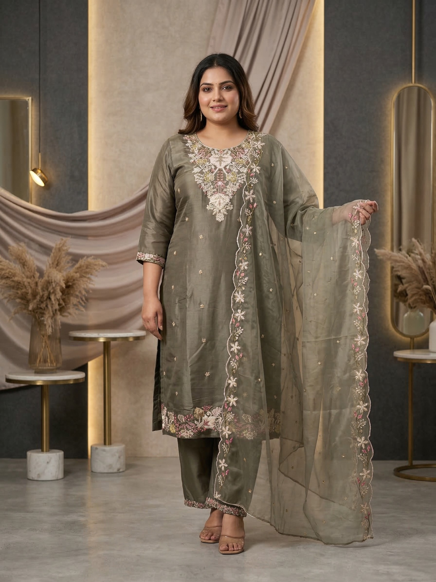 Sage Green Floral Embroidered Silk Blend Kurta Pant Set with Sheer Dupatta – Elegant Festive Wear | Plus Size (3XL, 4XL, 5XL)