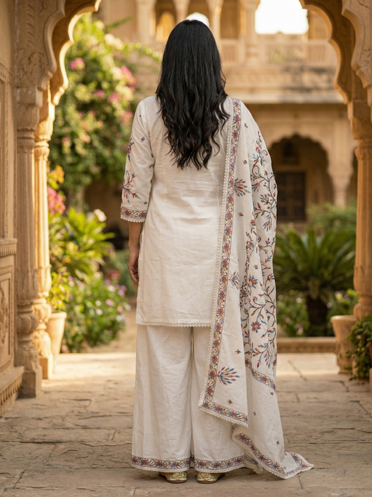 Ivory Multicolor Floral Embroidered Pure Cotton Kurta Palazzo Set with Dupatta – Summer Special Ethnic Wear | Summer Collection | Sizes M to XXL