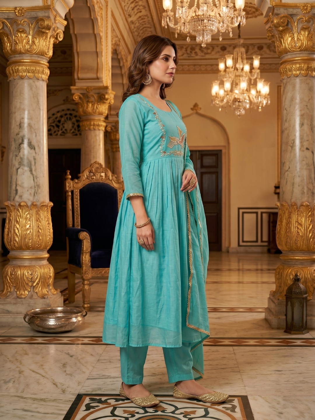 Elegant Sky Blue Embroidered Kurta Pant Dupatta Set for Women (M to XXL) by 3 Angel Fab LLP