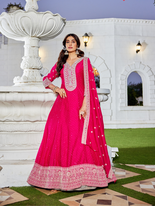Rani Pink Tissue Suit Set for Women | 3-Piece Anarkali Kurta, Palazzo & Dupatta with Heavy Work | Festive & Wedding Wear