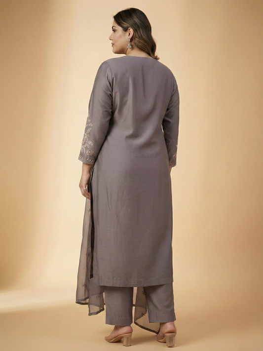 Elegant Silk Blend Kurta Pant Set with Delicate Floral Work & Dupatta | Available in 3XL, 4XL, 5XL