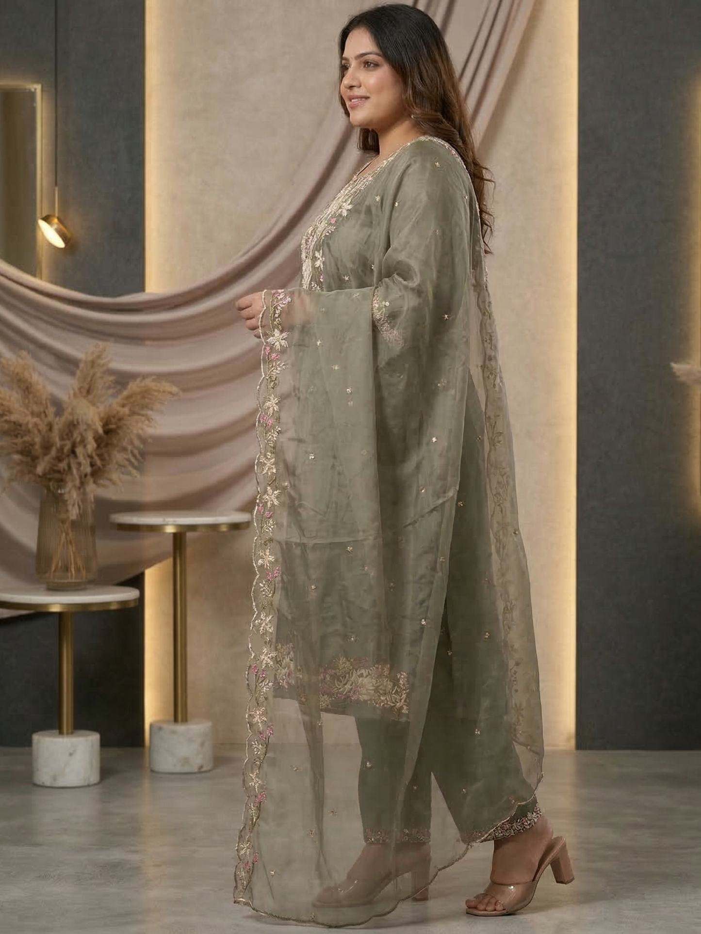 Sage Green Floral Embroidered Silk Blend Kurta Pant Set with Sheer Dupatta – Elegant Festive Wear | Plus Size (3XL, 4XL, 5XL)