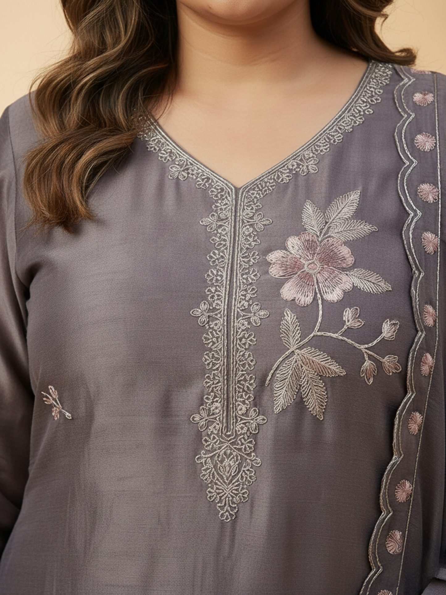 Elegant Silk Blend Kurta Pant Set with Delicate Floral Work & Dupatta | Available in 3XL, 4XL, 5XL
