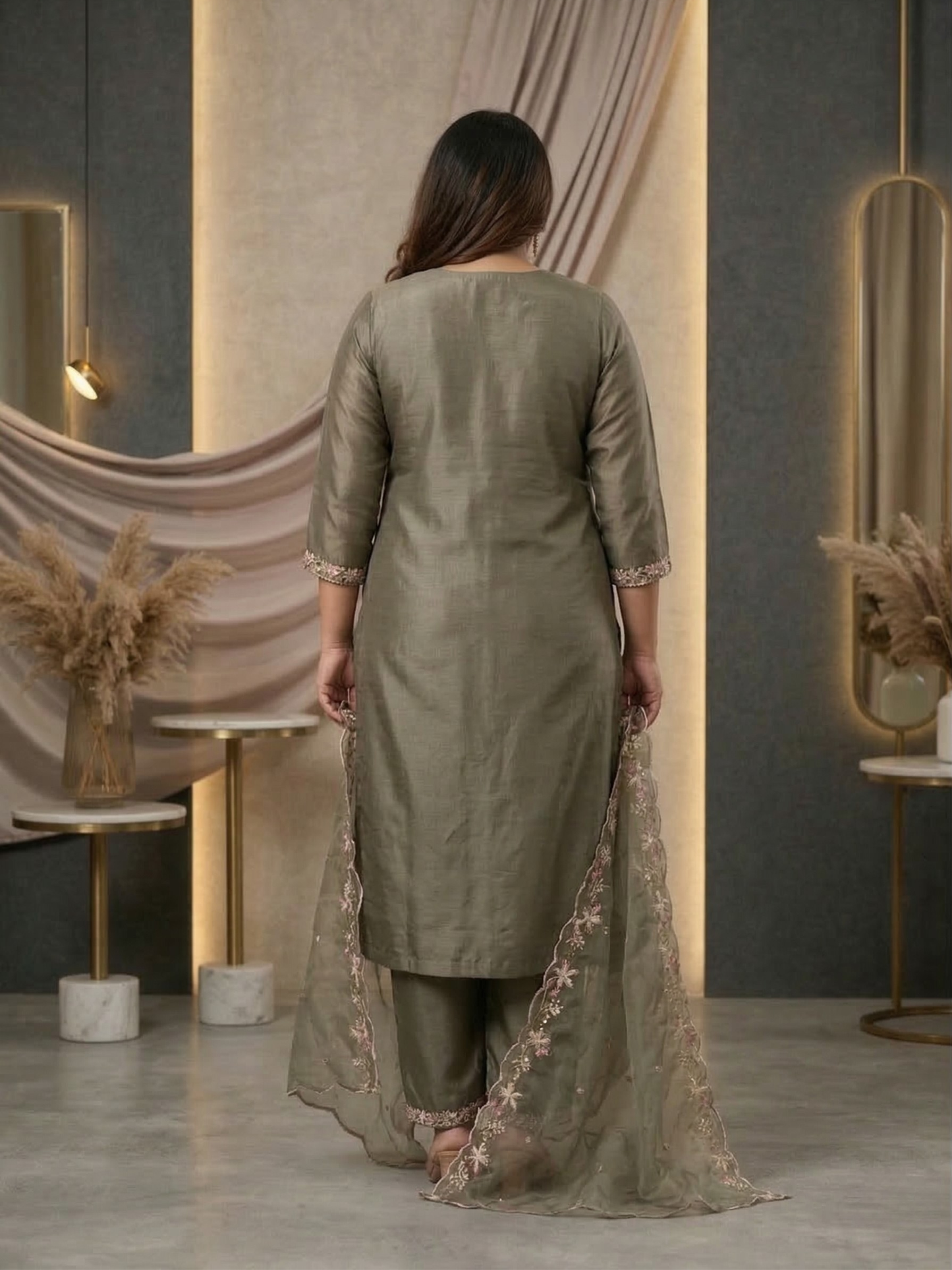 Sage Green Floral Embroidered Silk Blend Kurta Pant Set with Sheer Dupatta – Elegant Festive Wear | Plus Size (3XL, 4XL, 5XL)