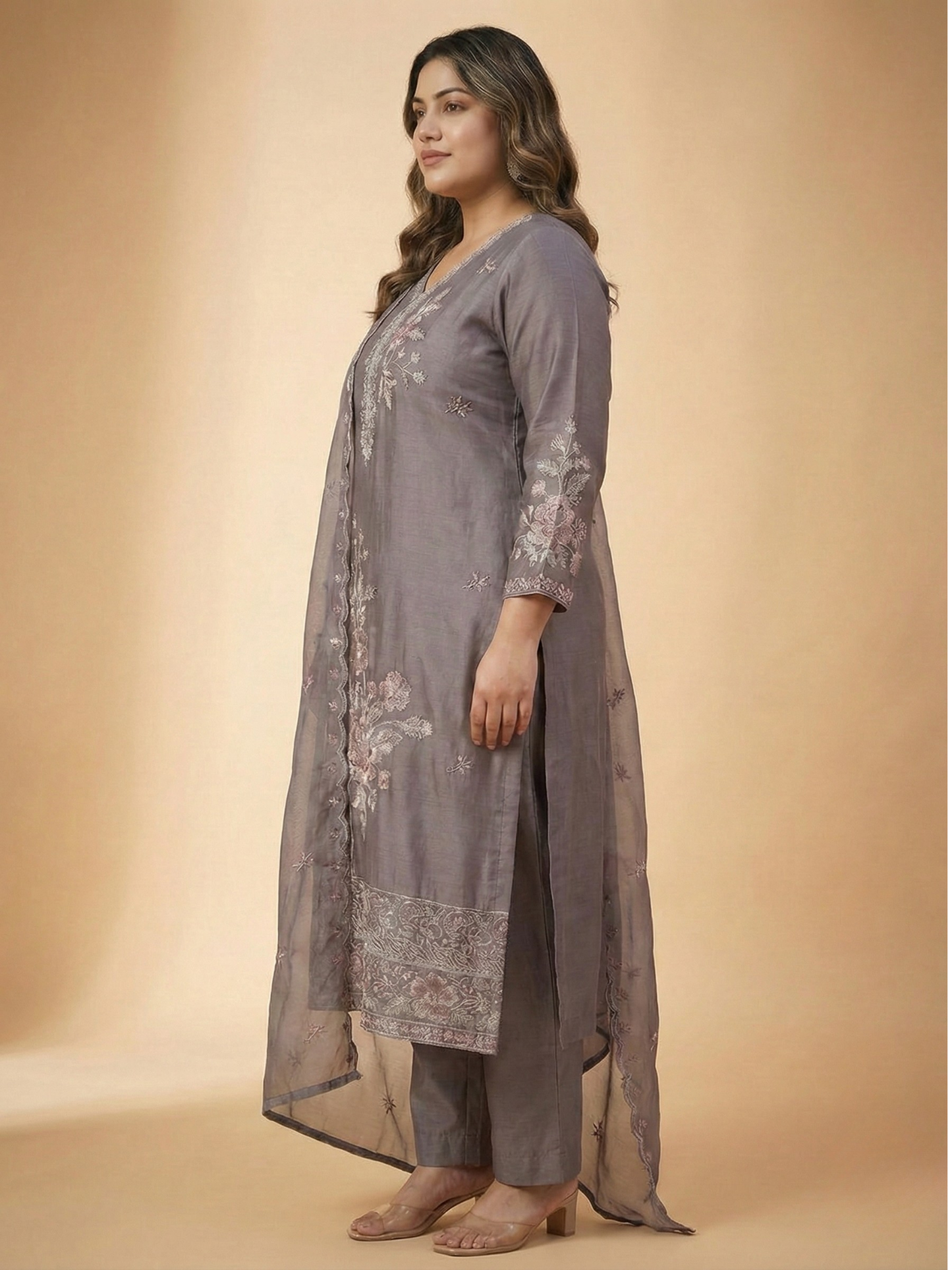 Elegant Silk Blend Kurta Pant Set with Delicate Floral Work & Dupatta | Available in 3XL, 4XL, 5XL