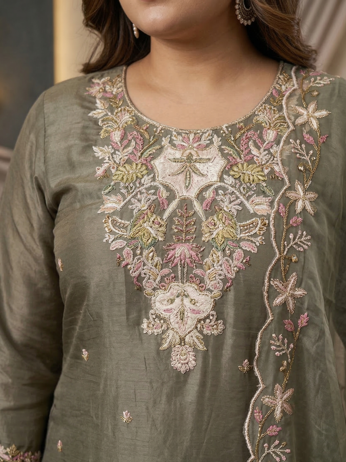 Sage Green Floral Embroidered Silk Blend Kurta Pant Set with Sheer Dupatta – Elegant Festive Wear | Plus Size (3XL, 4XL, 5XL)