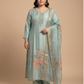 Women’s Plus Size Pastel Green Silk Blend Kurta Pant Set with Floral Work Dupatta