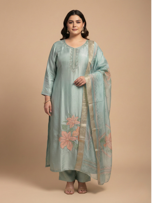 Women’s Plus Size Pastel Green Silk Blend Kurta Pant Set with Floral Work Dupatta
