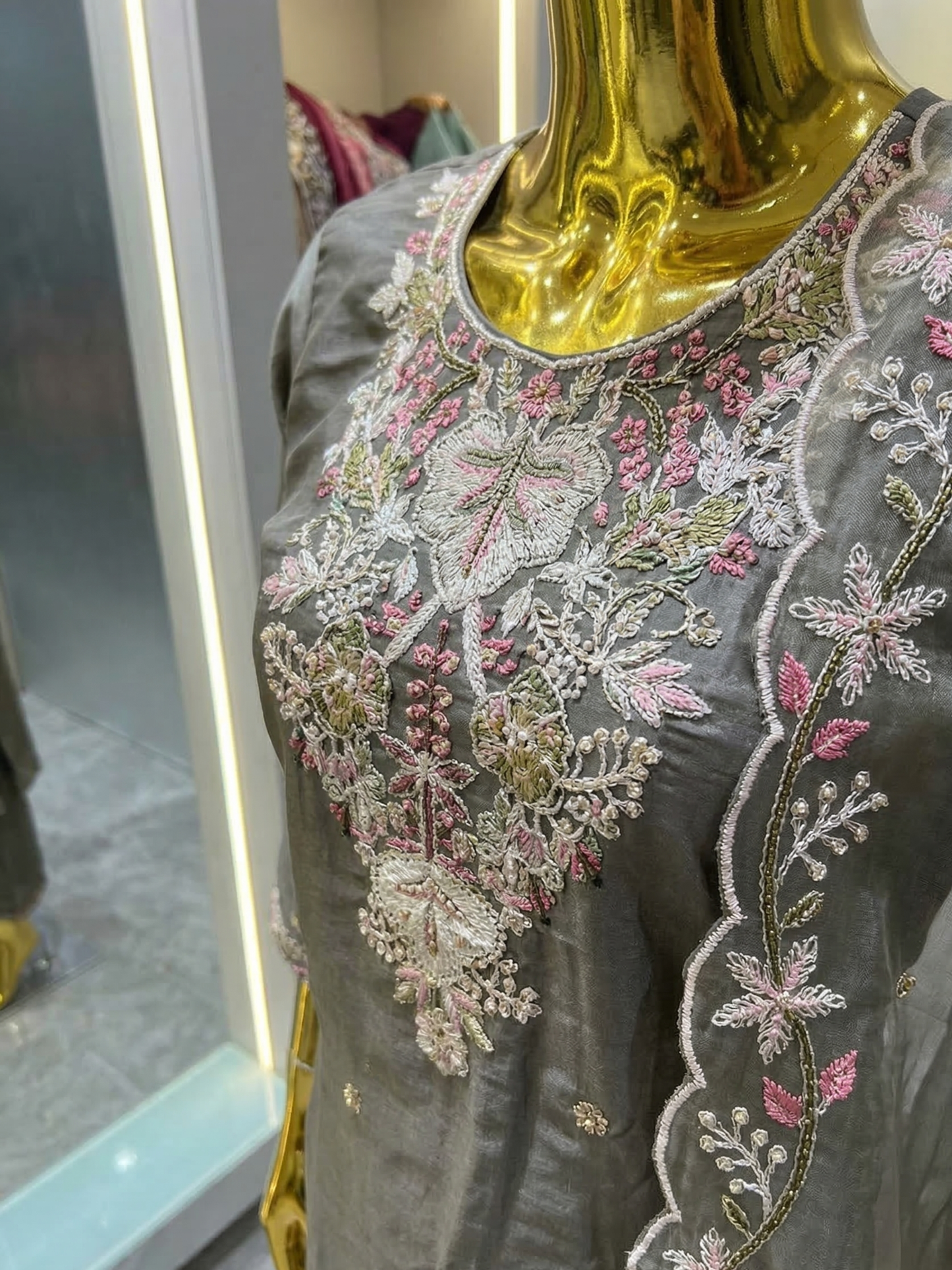 Sage Green Floral Embroidered Silk Blend Kurta Pant Set with Sheer Dupatta – Elegant Festive Wear | Plus Size (3XL, 4XL, 5XL)