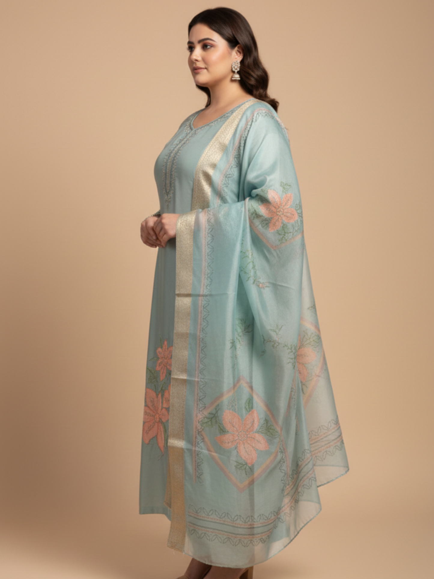 Women’s Plus Size Pastel Green Silk Blend Kurta Pant Set with Floral Work Dupatta