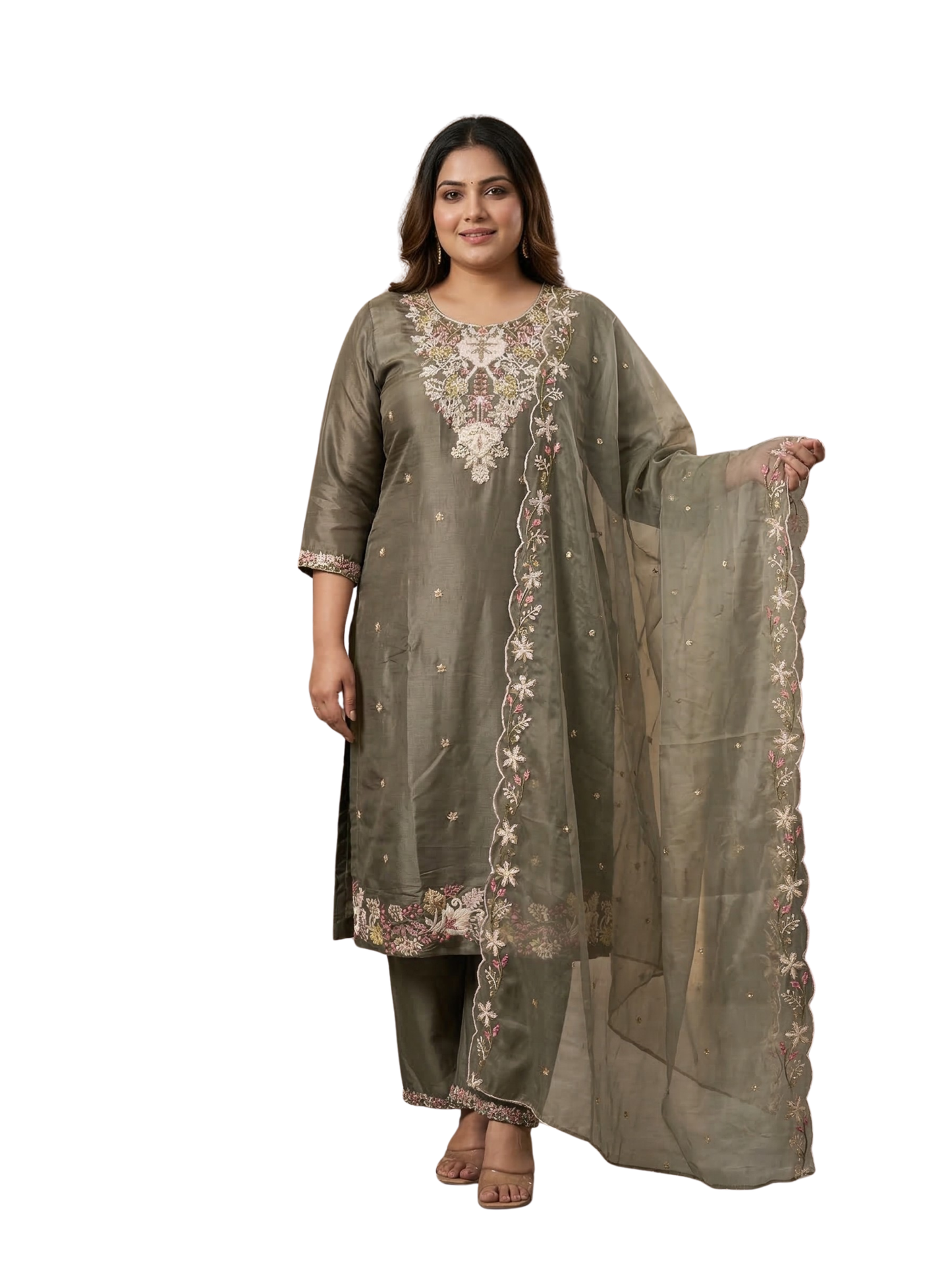 Sage Green Floral Embroidered Silk Blend Kurta Pant Set with Sheer Dupatta – Elegant Festive Wear | Plus Size (3XL, 4XL, 5XL)