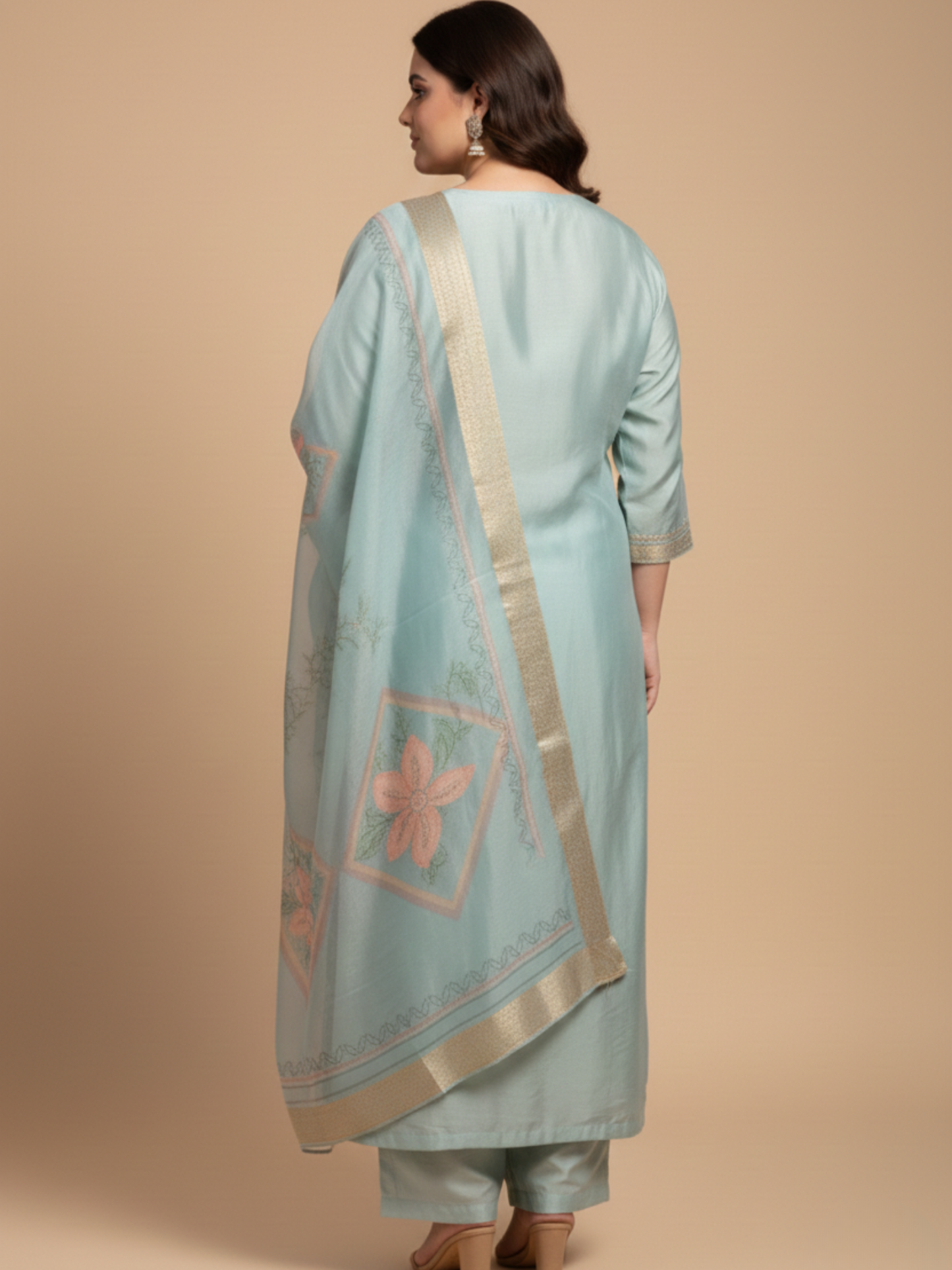 Women’s Plus Size Pastel Green Silk Blend Kurta Pant Set with Floral Work Dupatta