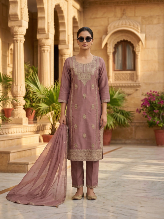 Dusty Rose Embroidered Silk Blend Kurta Pant Set with Sheer Dupatta – Elegant Festive Wear | Plus Size (3XL, 4XL, 5XL)