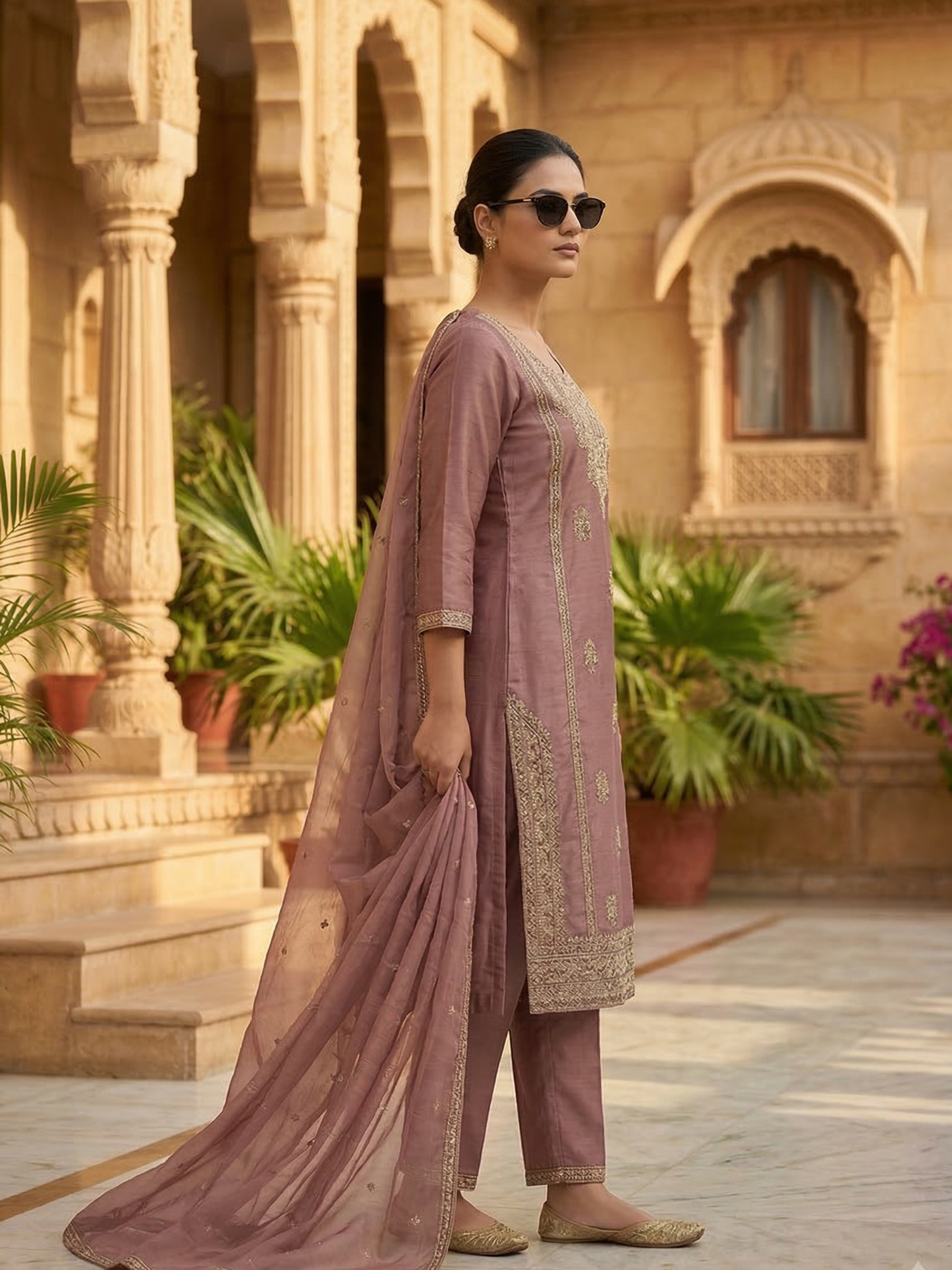 Dusty Rose Embroidered Silk Blend Kurta Pant Set with Sheer Dupatta – Elegant Festive Wear | Plus Size (3XL, 4XL, 5XL)