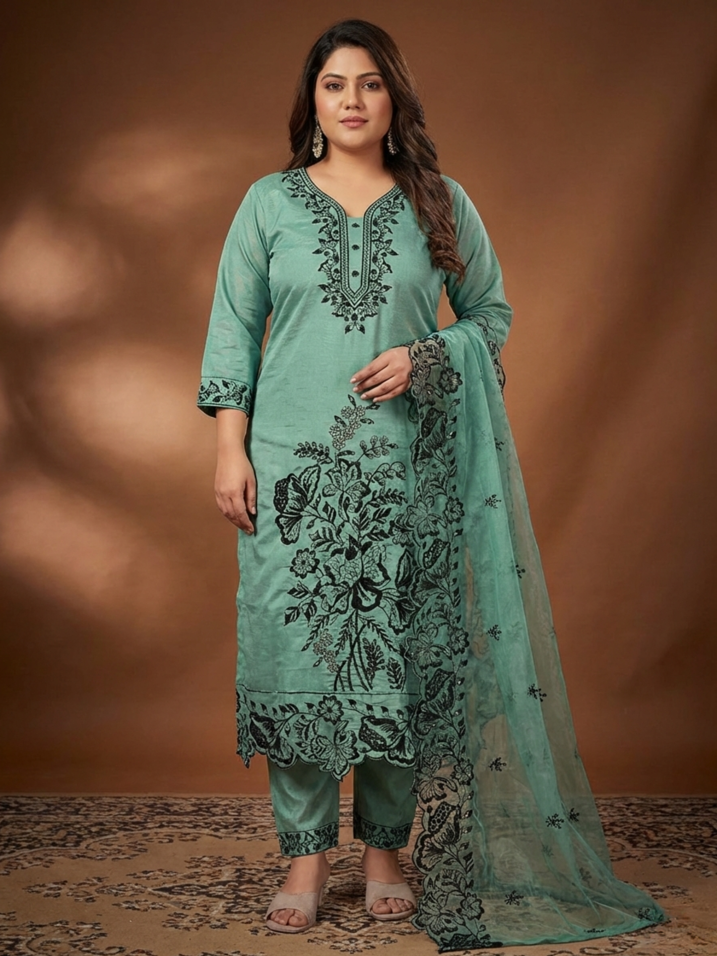 Mint Green Silk Blend Embroidered Kurta Set with Printed Dupatta - Plus Size Festive Wear (3XL-5XL)