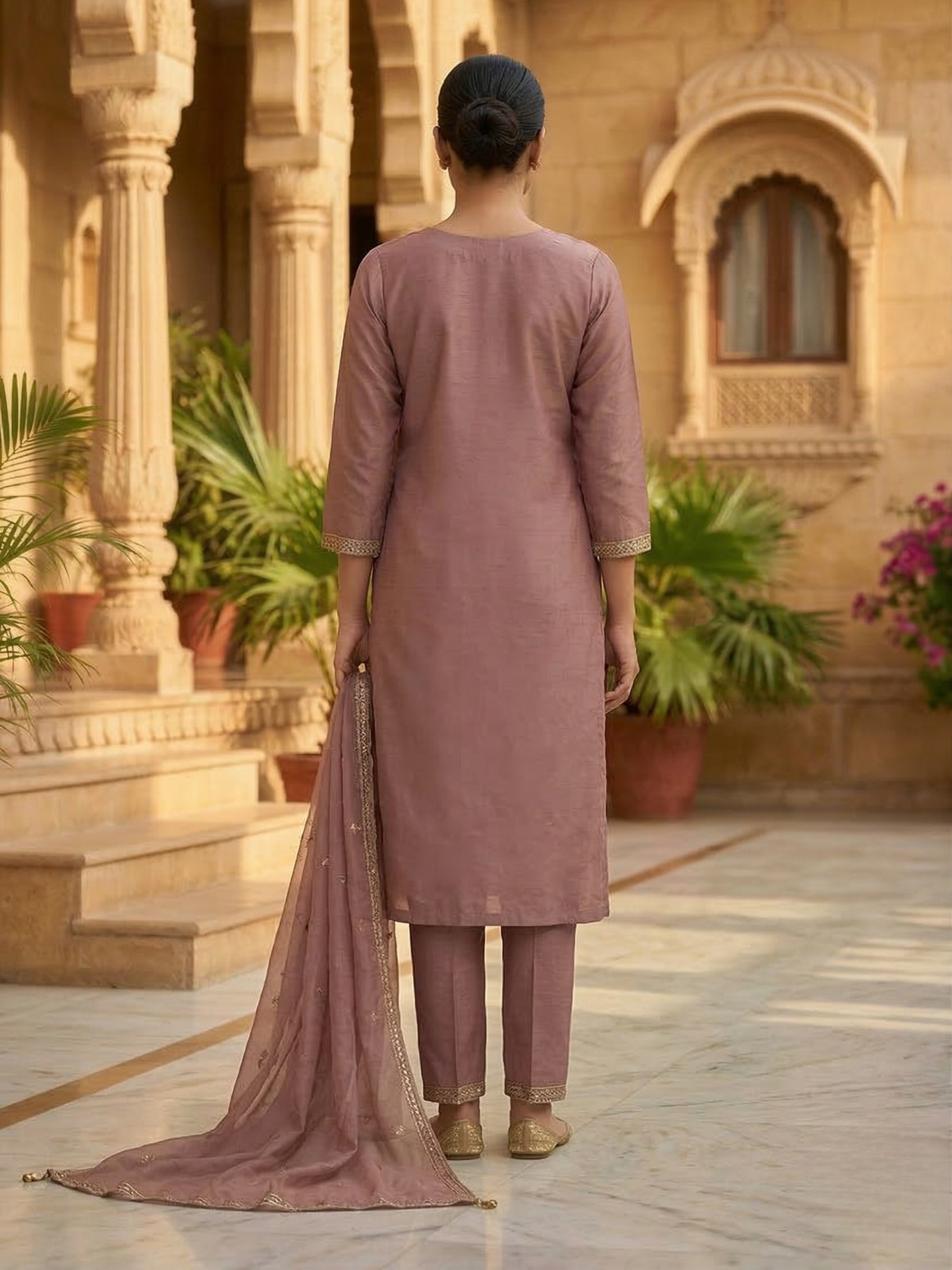 Dusty Rose Embroidered Silk Blend Kurta Pant Set with Sheer Dupatta – Elegant Festive Wear | Plus Size (3XL, 4XL, 5XL)