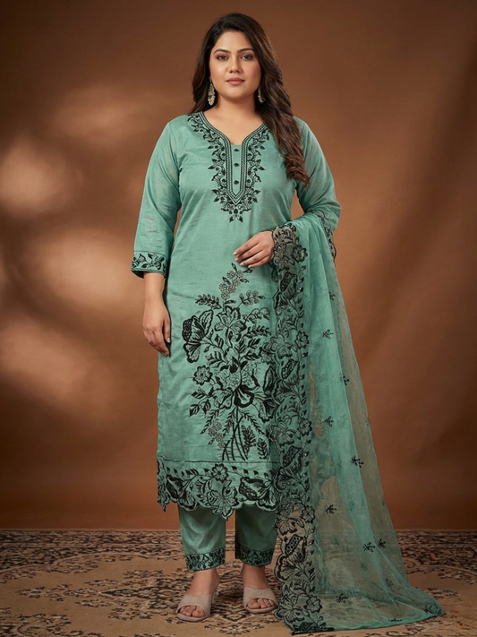 Mint Green Silk Blend Embroidered Kurta Set with Printed Dupatta - Plus Size Festive Wear (3XL-5XL)