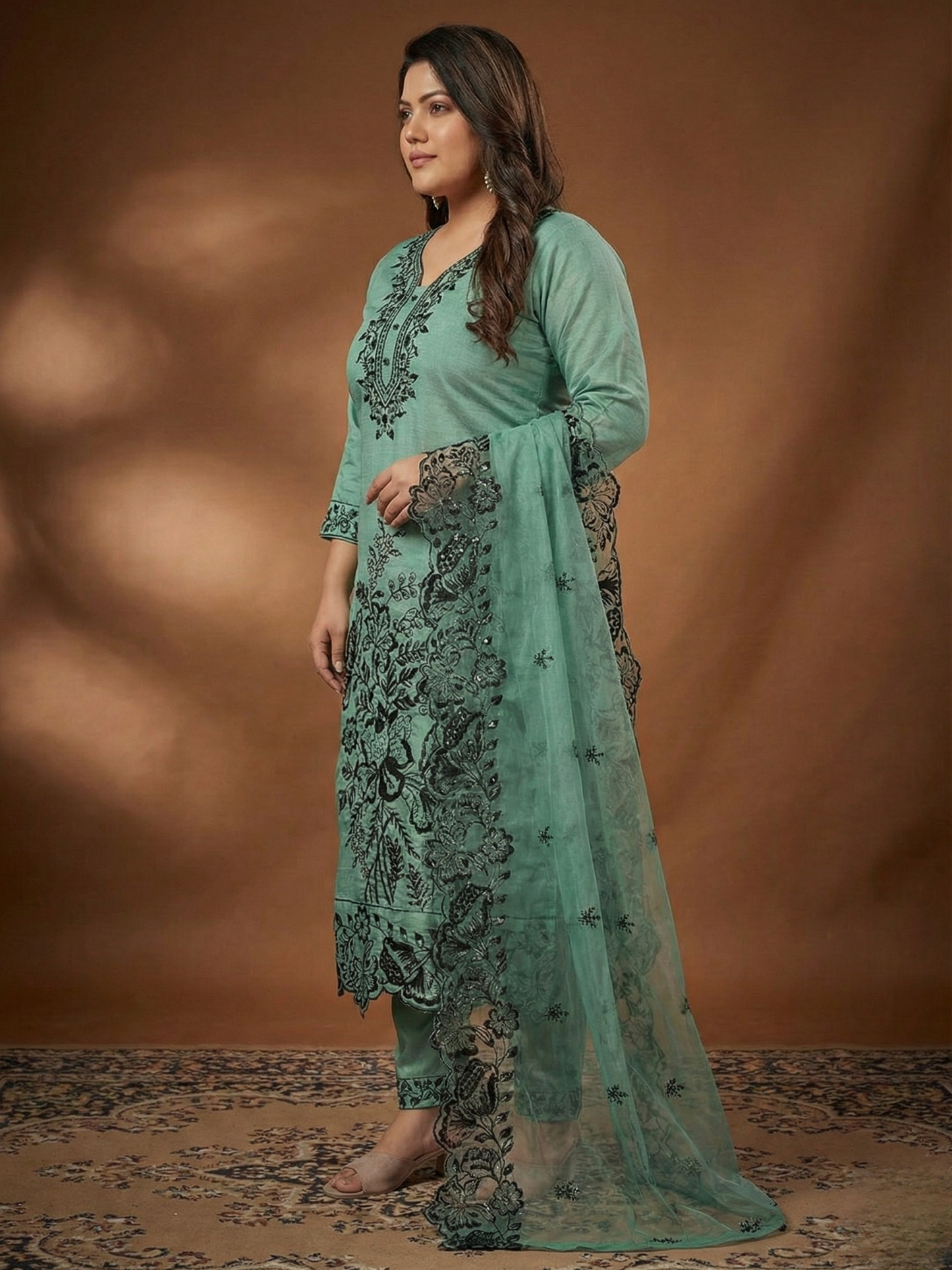 Mint Green Silk Blend Embroidered Kurta Set with Printed Dupatta - Plus Size Festive Wear (3XL-5XL)