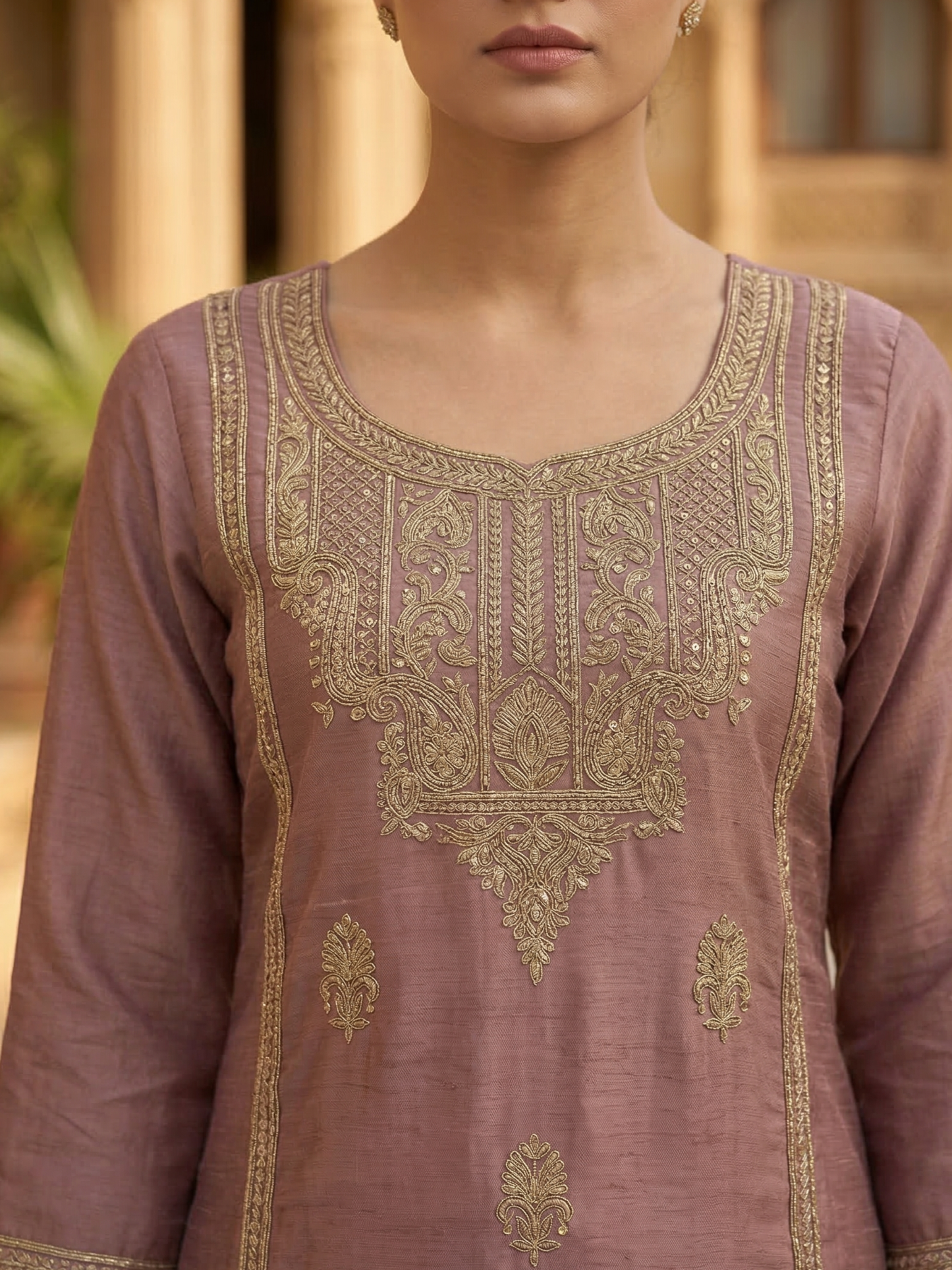 Dusty Rose Embroidered Silk Blend Kurta Pant Set with Sheer Dupatta – Elegant Festive Wear | Plus Size (3XL, 4XL, 5XL)