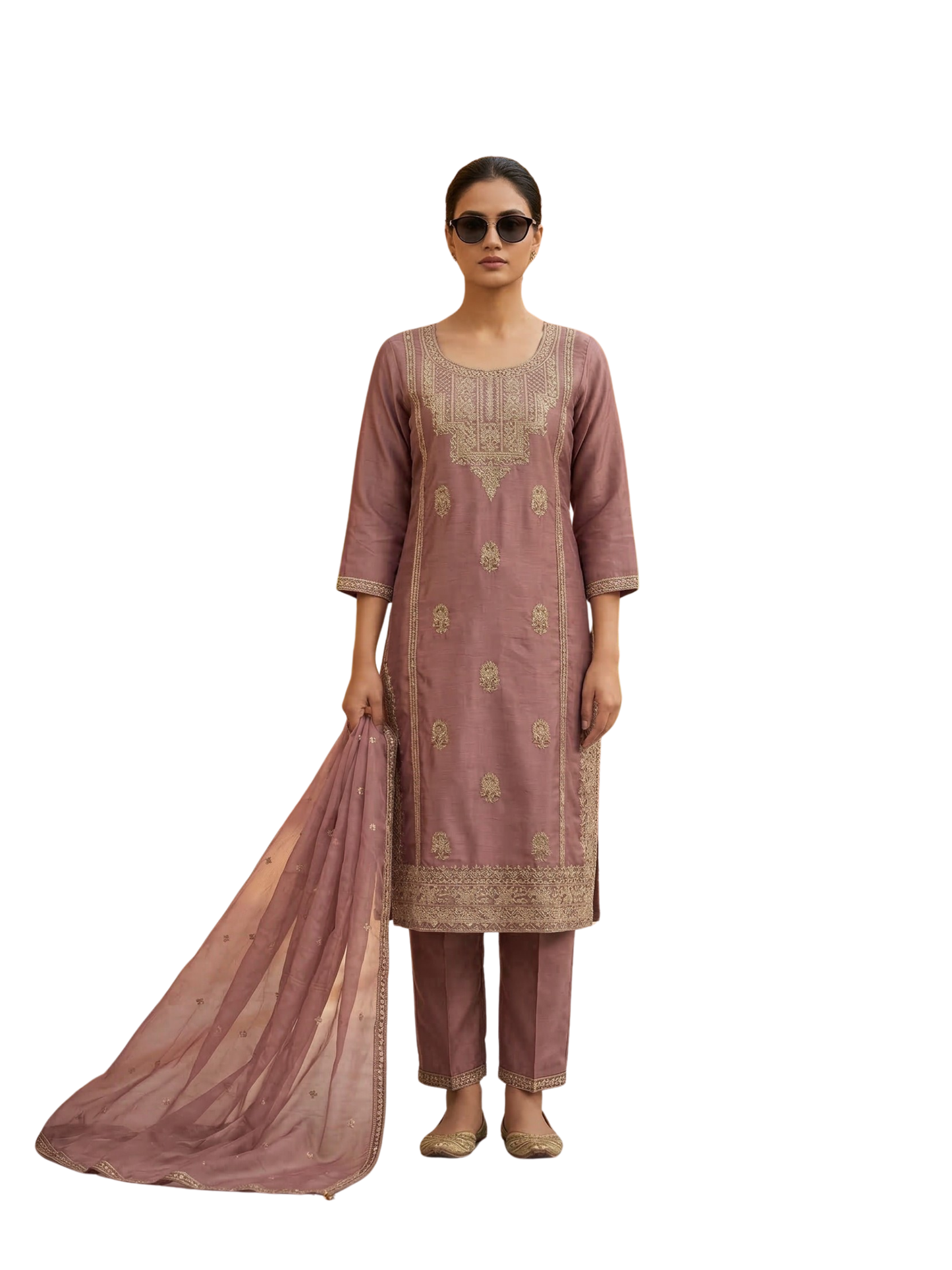 Dusty Rose Embroidered Silk Blend Kurta Pant Set with Sheer Dupatta – Elegant Festive Wear | Plus Size (3XL, 4XL, 5XL)