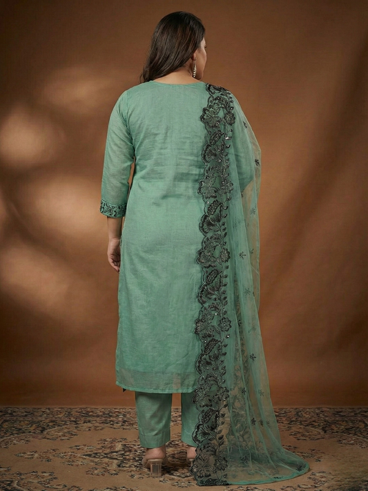 Mint Green Silk Blend Embroidered Kurta Set with Printed Dupatta - Plus Size Festive Wear (3XL-5XL)