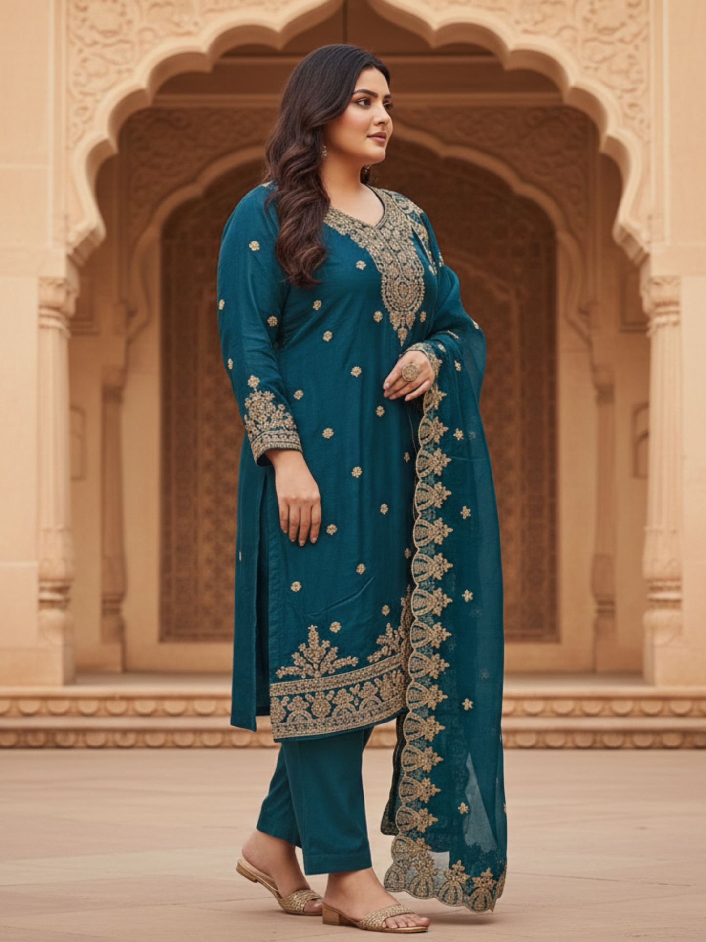 Rama Green Embroidered Silk Blend Kurta Pant Set with Ornate Dupatta – Festive & Occasion Wear