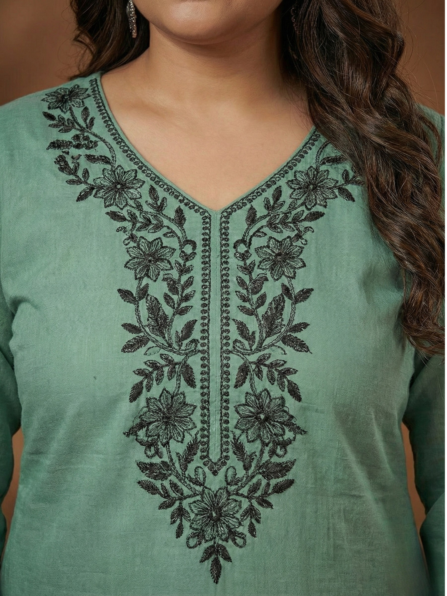 Mint Green Silk Blend Embroidered Kurta Set with Printed Dupatta - Plus Size Festive Wear (3XL-5XL)