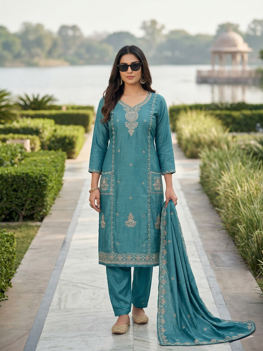Teal Blue Embroidered Silk Blend Kurta Pant Set with Dupatta – Elegant Festive Wear | Plus Size (3XL, 4XL, 5XL)